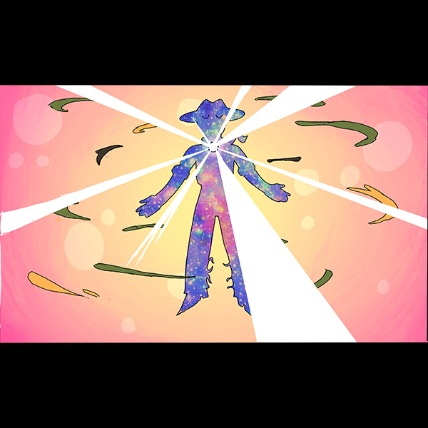 An animated film still about a barkeep in a colorful sky