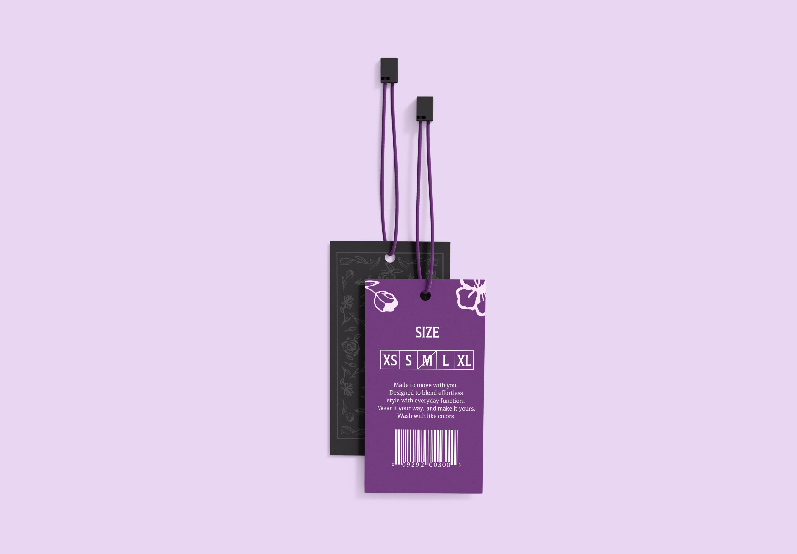 Black and purple designed apparel tags