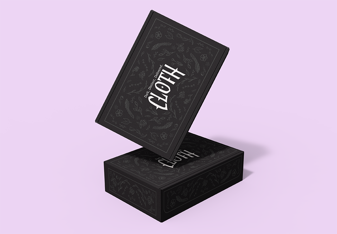 Black packaging for garments with distinctive branding for "Cloth"