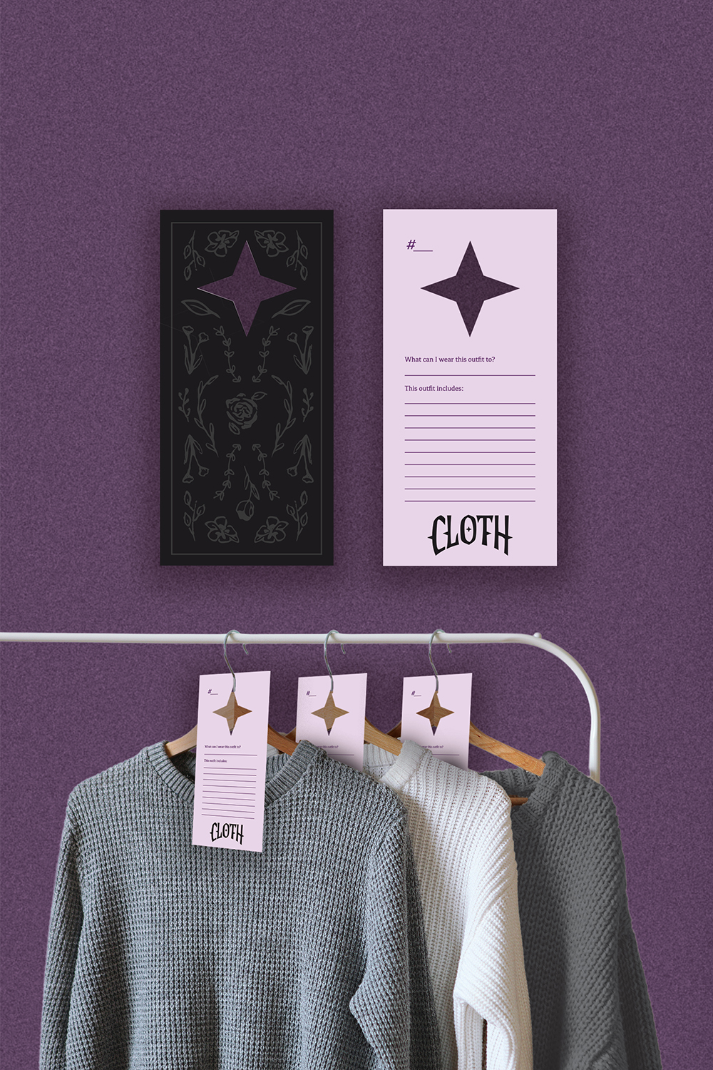 An image of sweaters on a garment rack along with designed cards explaining where to wear the particular garment