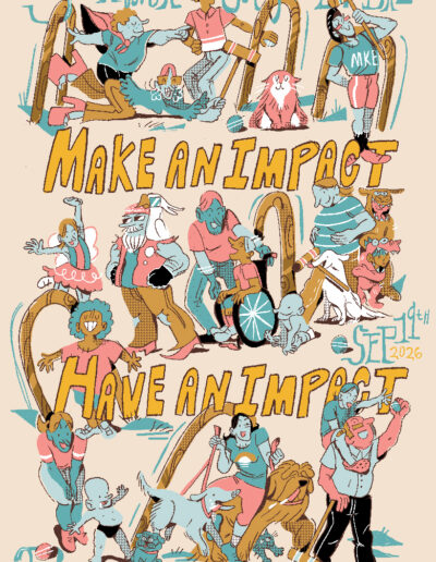 An illustrated poster of different aged people and dogs from all walks of life playing croquet around giant croquet wickets. The poster says, "Make and Impact, Have an Impact. The 31st Annual Croquet Ball Benefiting Penfield Children's Center September 19th, 2026