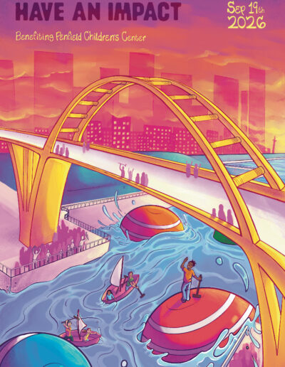 An illustrated poster of a the Milwaukee city scape and Hoan Bridge. People are standing on giant croquet balls and sailboats below floating down a river. The poster says, "Make and Impact, Have an Impact. The 31st Annual Croquet Ball Benefiting Penfield Children's Center September 19th, 2026