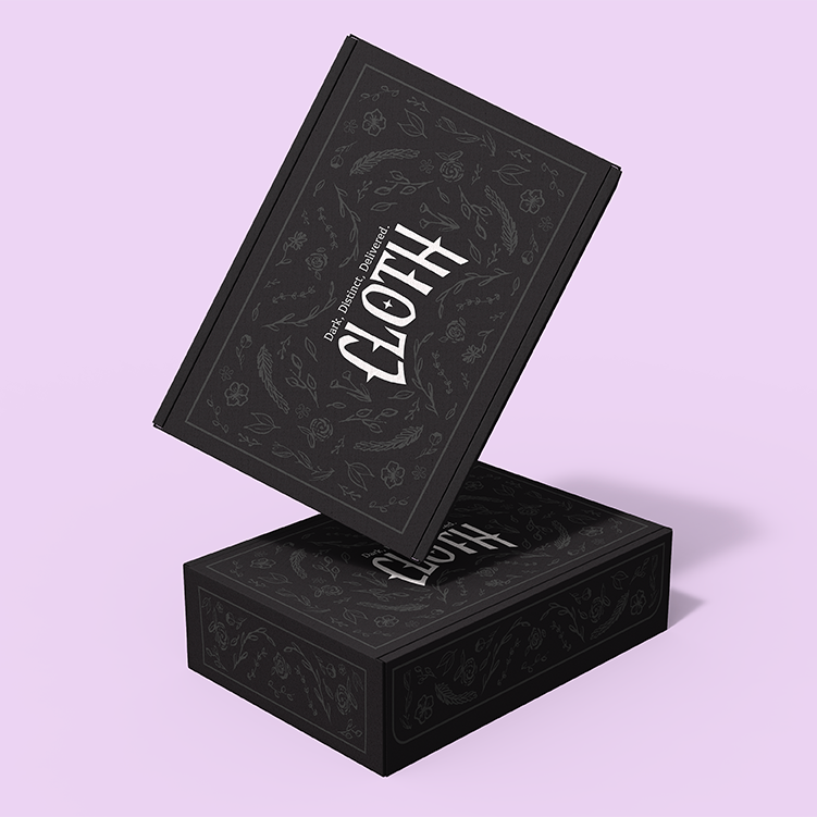 Black packaging for garments with distinctive branding for "Cloth"