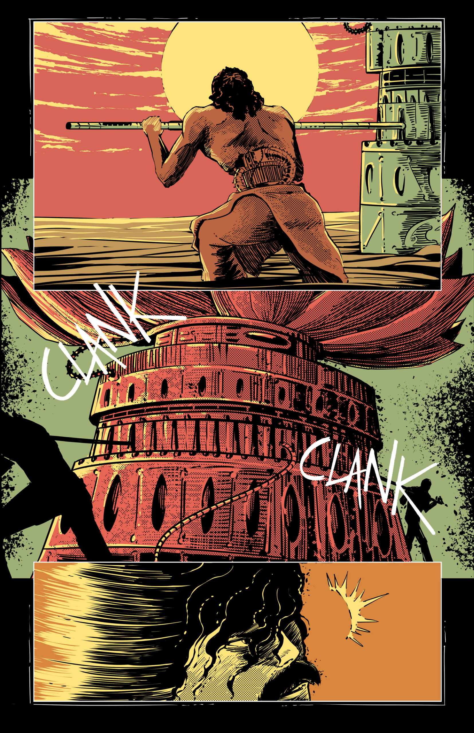 Three panel illustration of Indra Supreme by Eeshaan Dutt