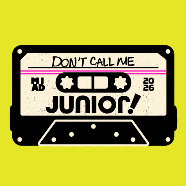 Animated logo design, of Don't Call Me Junior 2026. Featuring rotating variety of illustrated cassette tapes. 