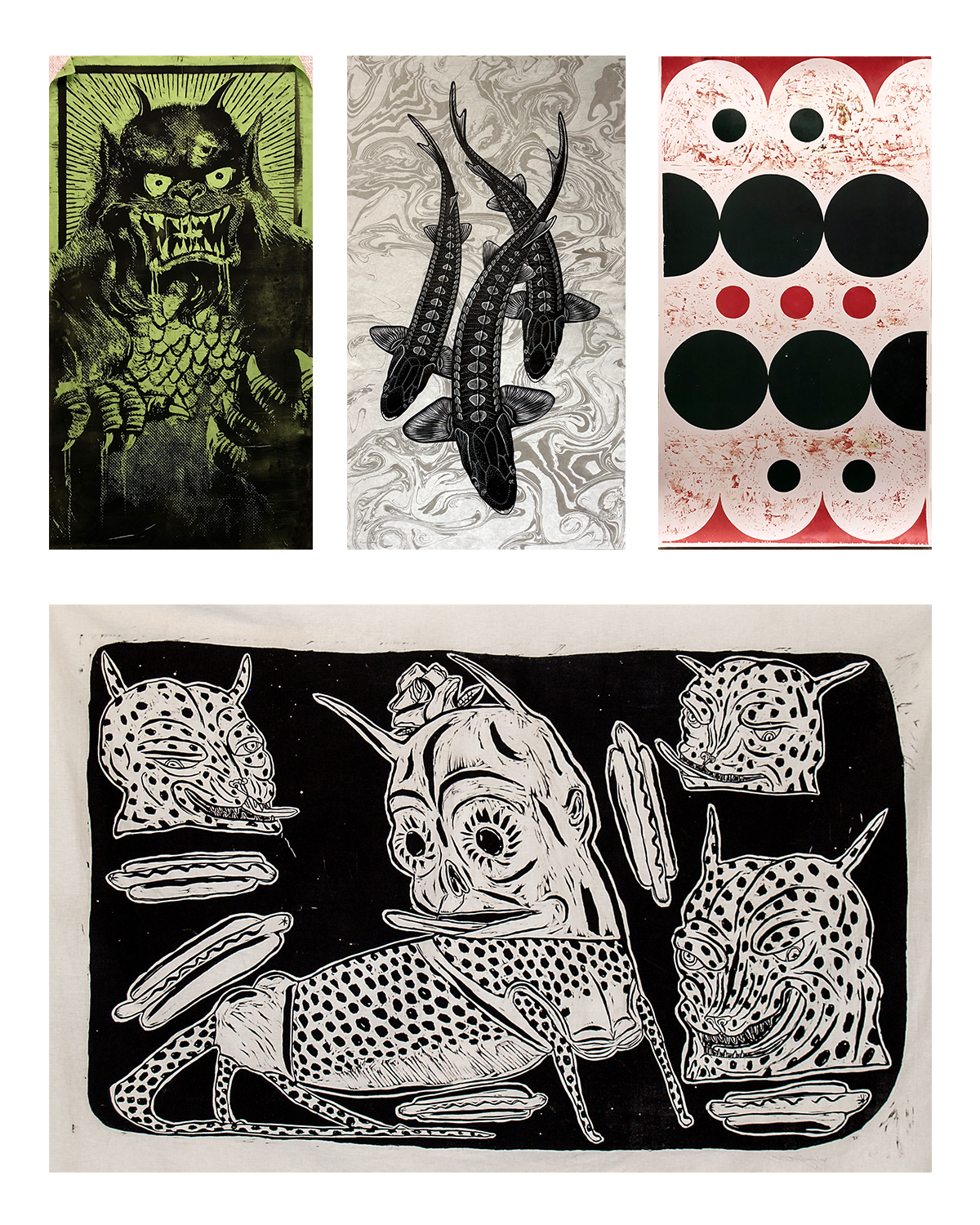 Composite image featuring four print artworks displayed on a light gray background. Top left: Brandon Langer’s “Moon Monster,” a green-and-black print of a snarling horned creature with sharp teeth and claws. Top center: Rebecca Jabs’ “Ancient Survivors,” showing two detailed fish swimming over a marbled background. Top right: Craig Grabhorn’s “Timeless,” an abstract print with black and red circles arranged in a geometric pattern. Bottom: Maron Munoz’s “All Cats Hotdogs,” a black-and-white print depicting surreal cat-like creatures and floating hot dogs.