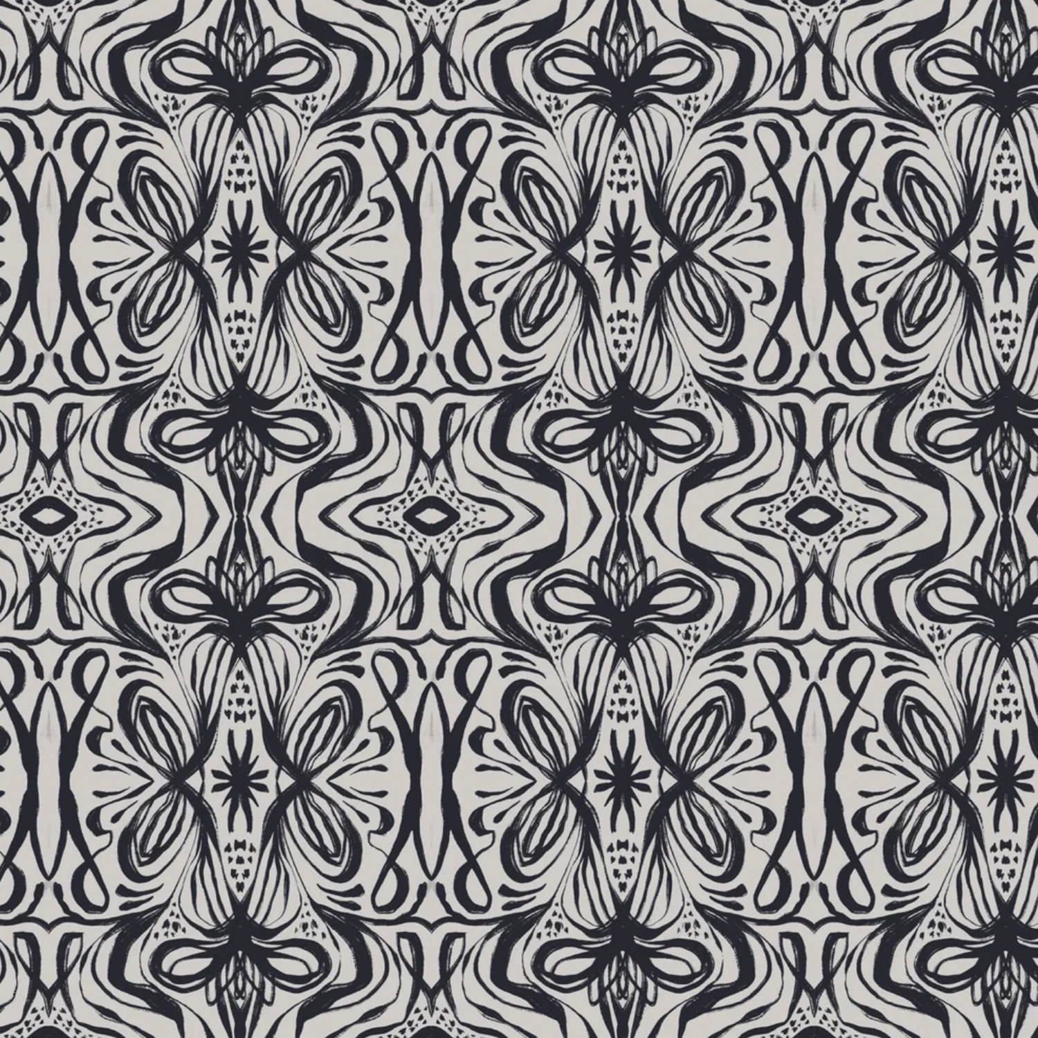 A repeating black-and-white floral pattern featuring symmetrical hand-drawn organic shapes, curved petals, leaves, and decorative linework arranged in a mirrored geometric layout.