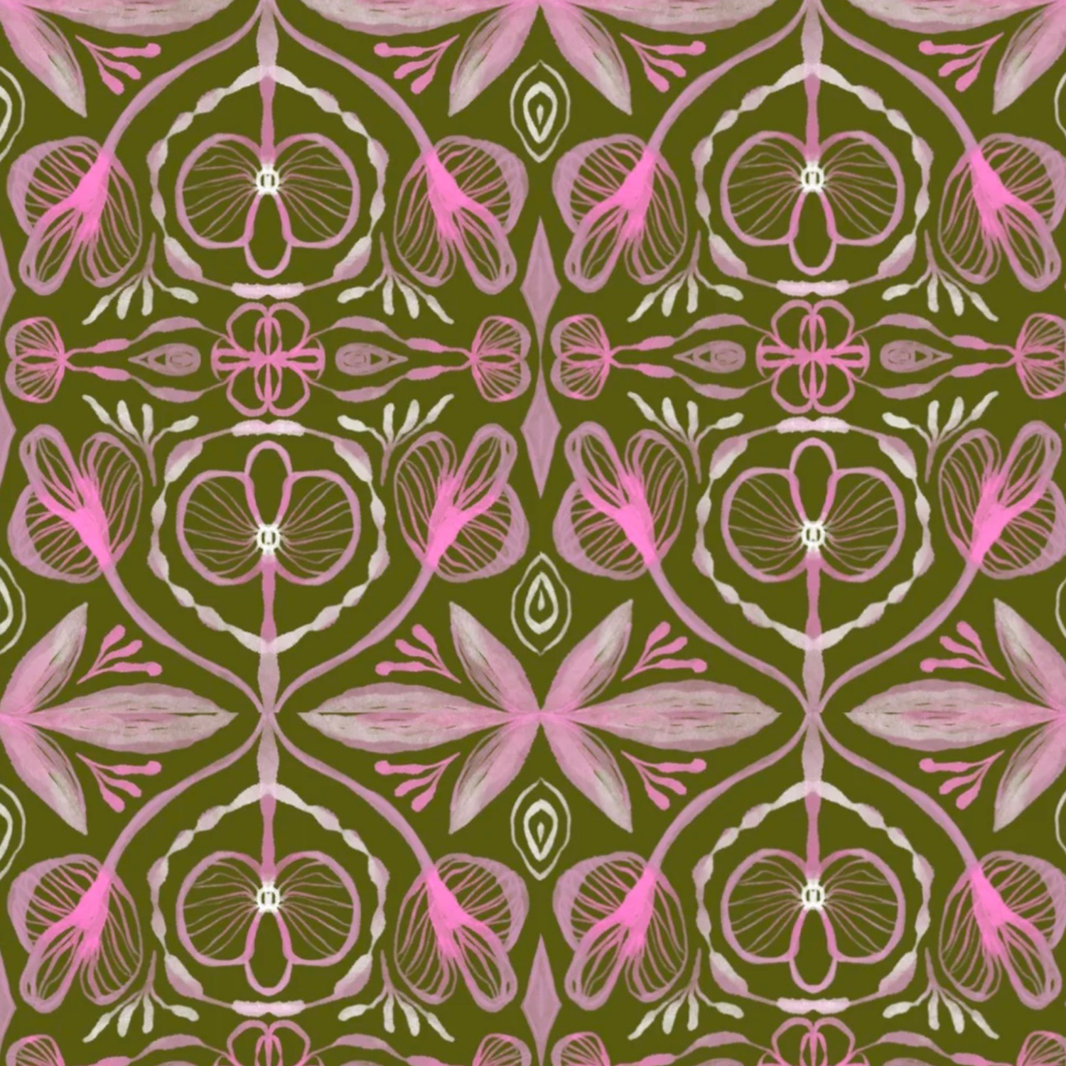 A repeating floral pattern in pink, olive green, and soft lavender tones with stylized flowers, leaves, and botanical motifs arranged symmetrically across the composition.