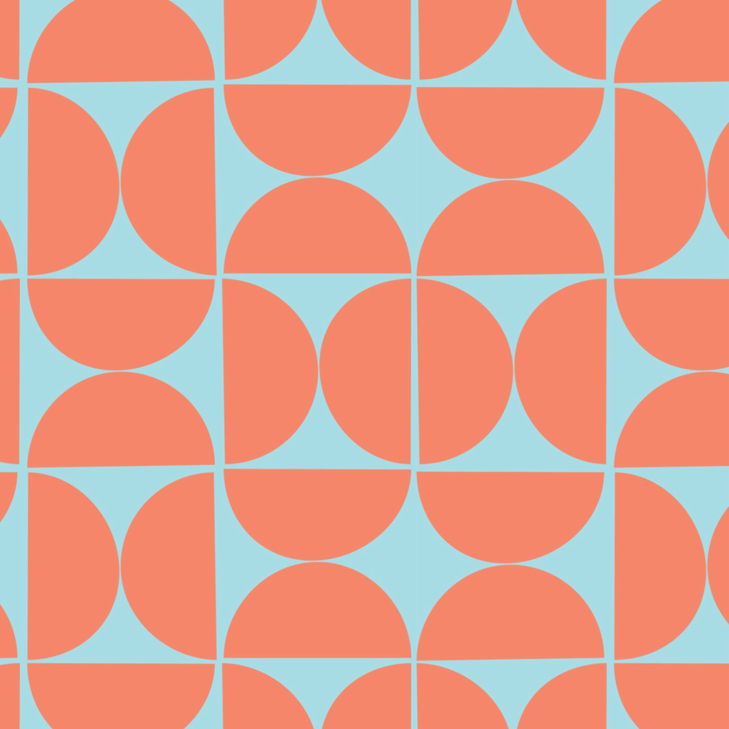 A modern geometric pattern composed of coral semicircles and circles arranged on a light blue grid, creating a bold repeating mid-century-inspired design.