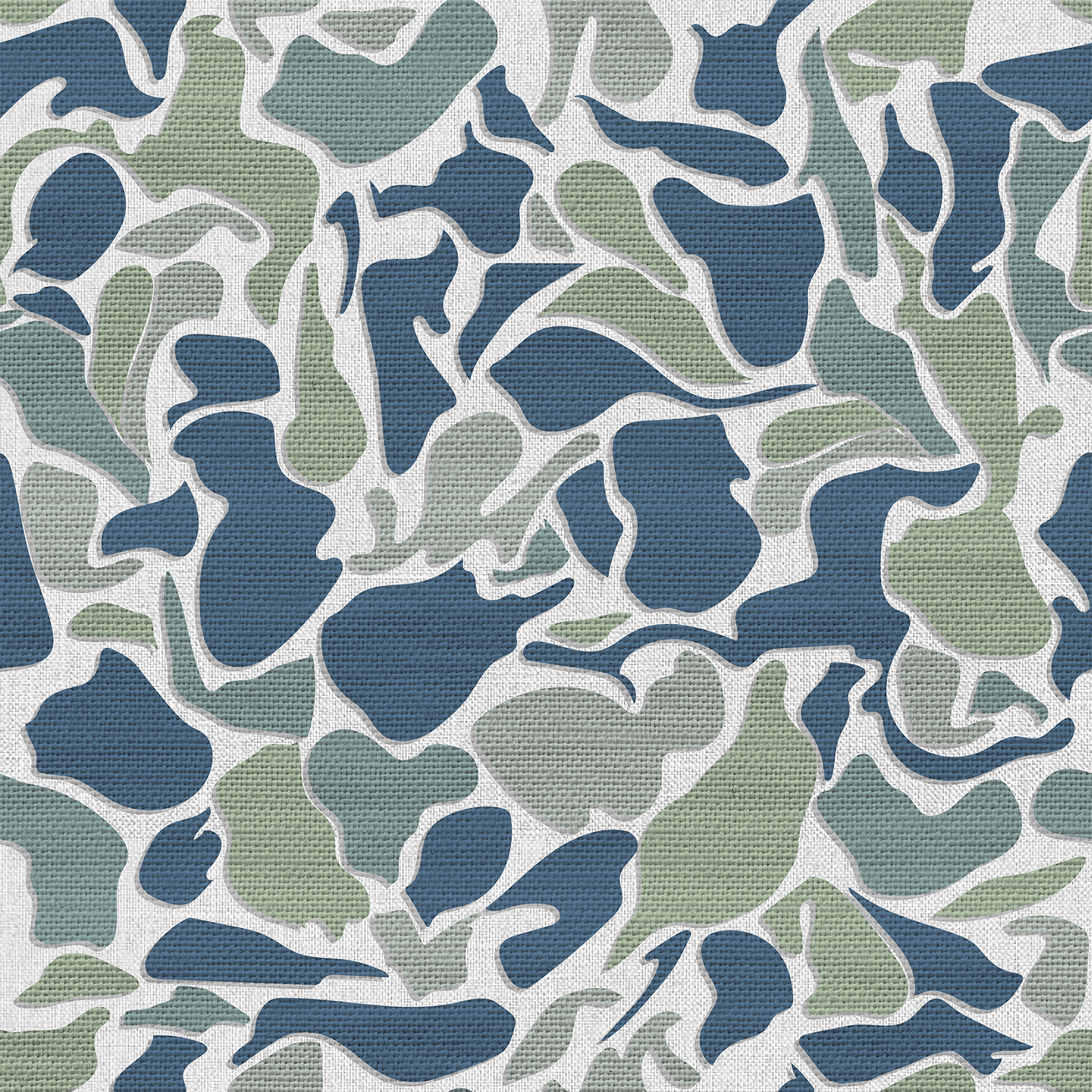 Seamless abstract pattern featuring layered organic blue, sage green, and pale gray shapes on a textured off-white background.
