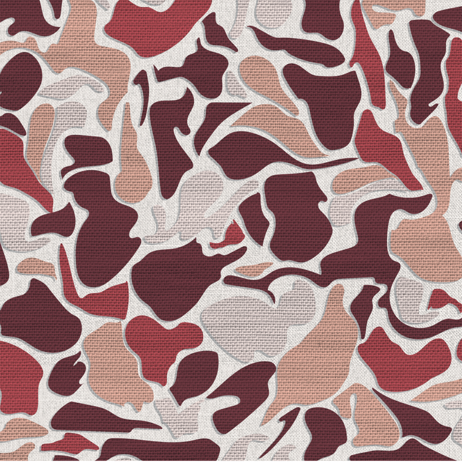 Seamless abstract pattern composed of irregular burgundy, red, blush pink, and light gray organic shapes on a textured cream background.