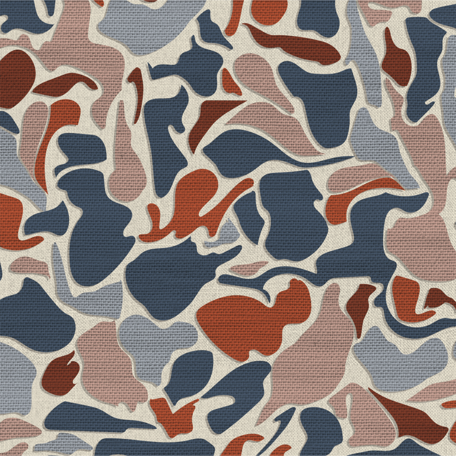 Seamless abstract pattern featuring layered organic blue, sage green, burgundy, orange-red, and pale blue shapes on a textured off-white background.