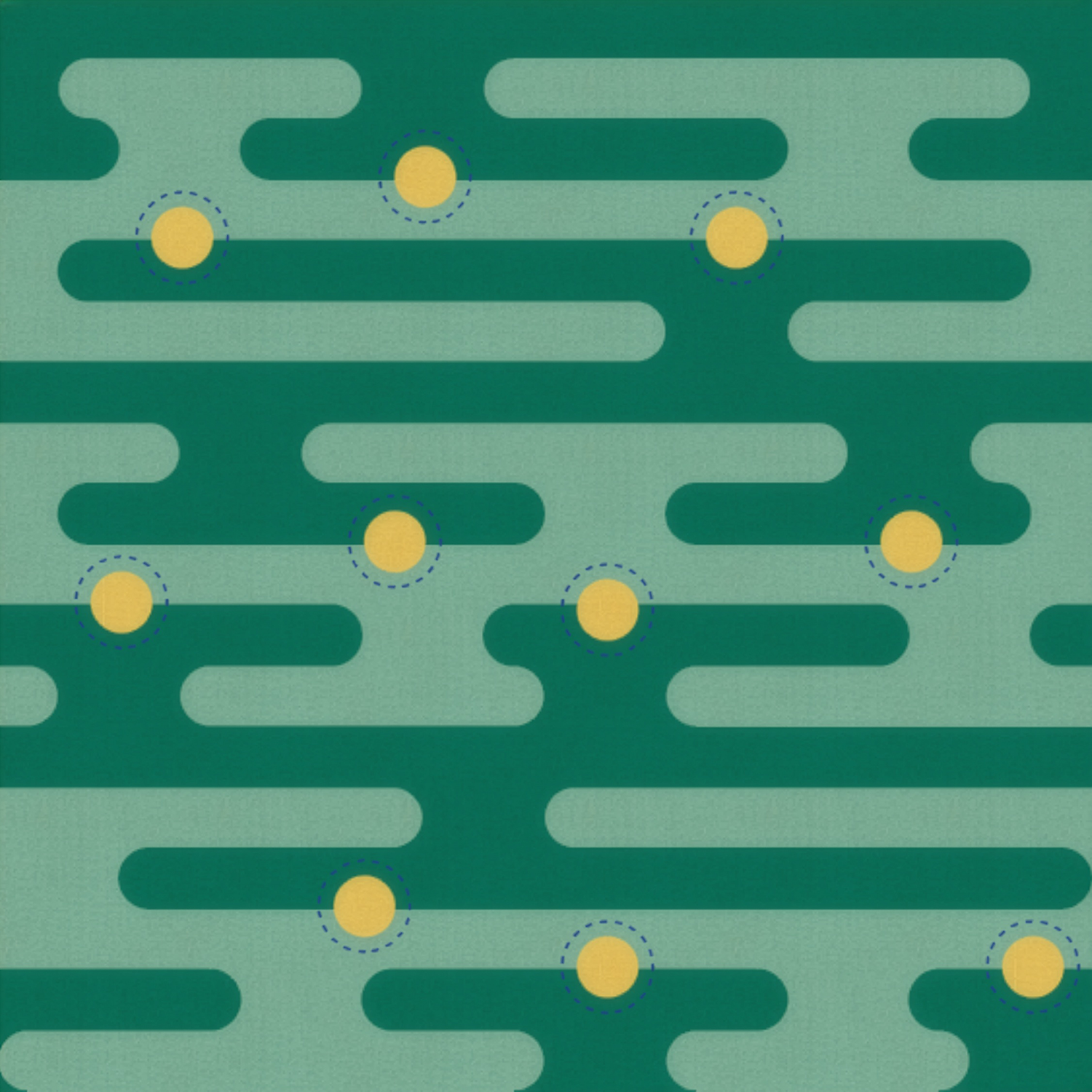 Seamless geometric pattern featuring rounded horizontal green bands with small yellow circles spaced throughout on a soft mint-green background.