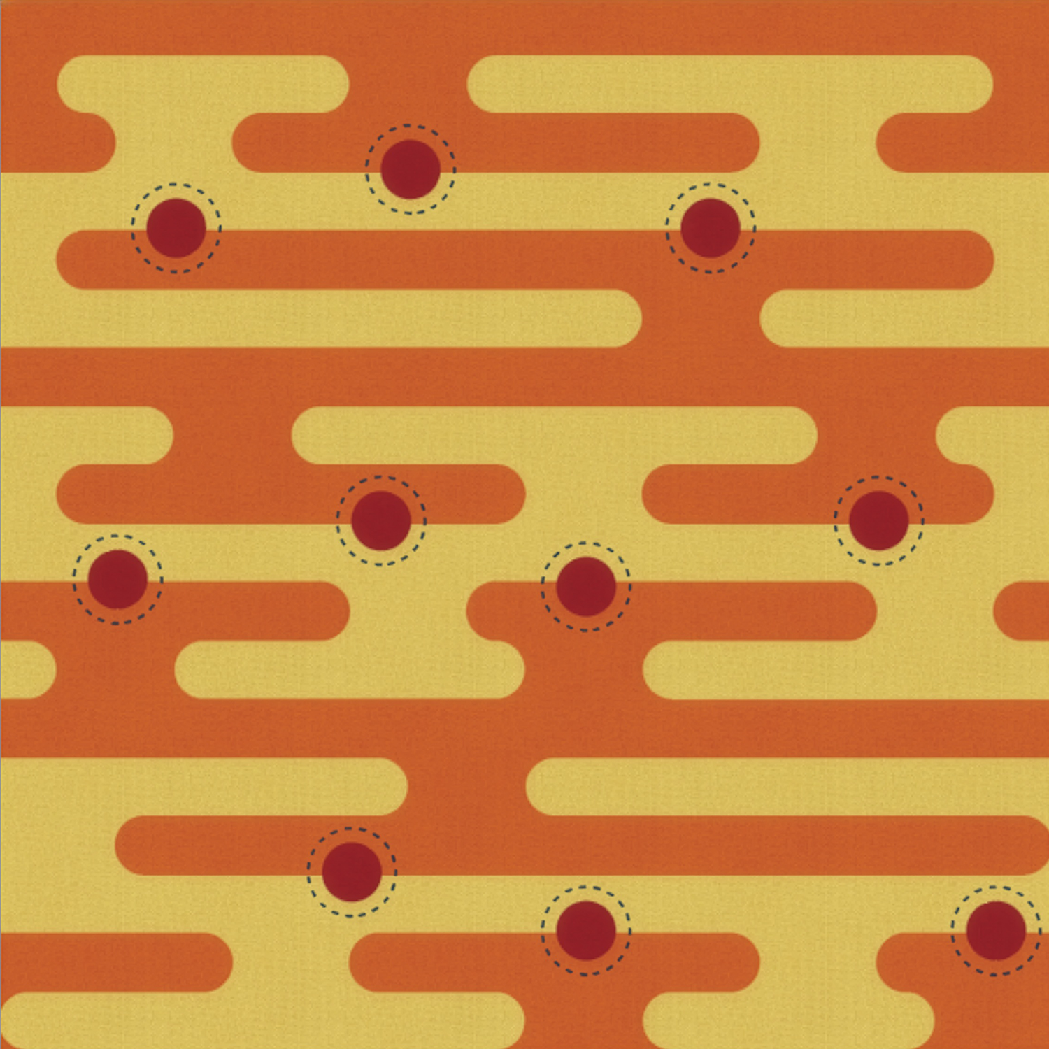 Seamless geometric pattern with rounded orange bands and red circular accents arranged across a pale yellow background.