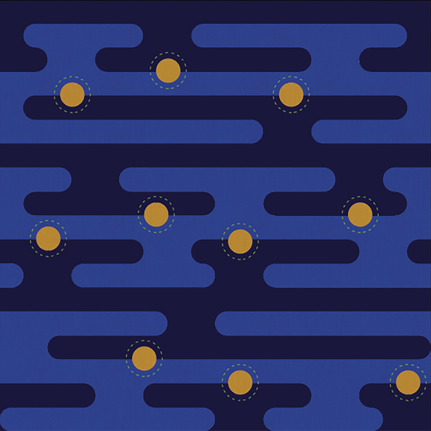 Seamless geometric pattern composed of rounded cobalt-blue horizontal bands and mustard-yellow circles on a dark navy background.