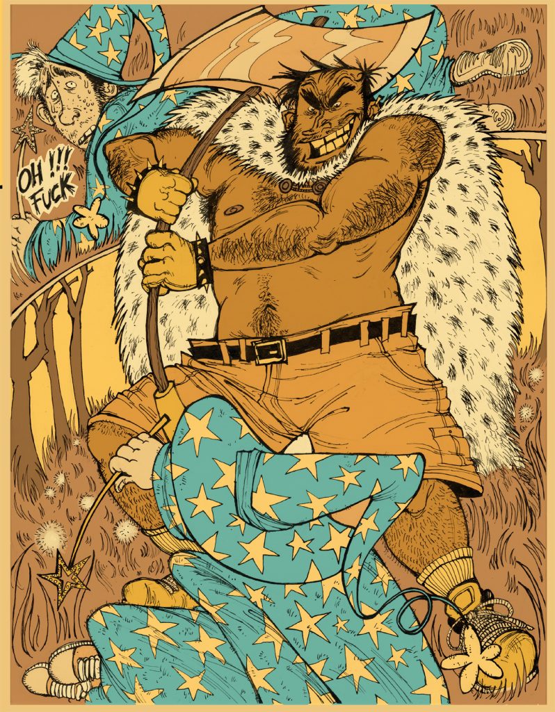 Illustrated scene of a muscular creature in a fur cloak confronting a fallen wizard in a starry robe.