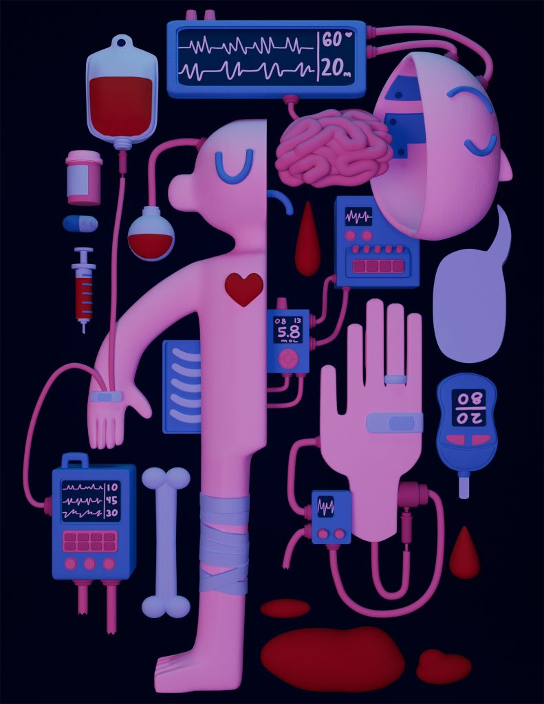 Stylized medical illustration of a body with organs and monitoring devices in pink and purple tones.