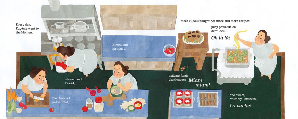 Top-down illustrated kitchen scene showing multiple women preparing food at counters.