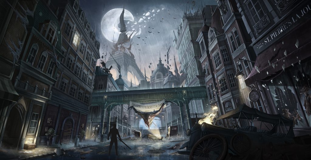 Moody, moonlit city street with gothic towers and a lone figure near a carriage.