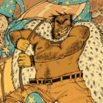 Illustrated scene of a muscular creature in a fur cloak confronting a fallen wizard in a starry robe.