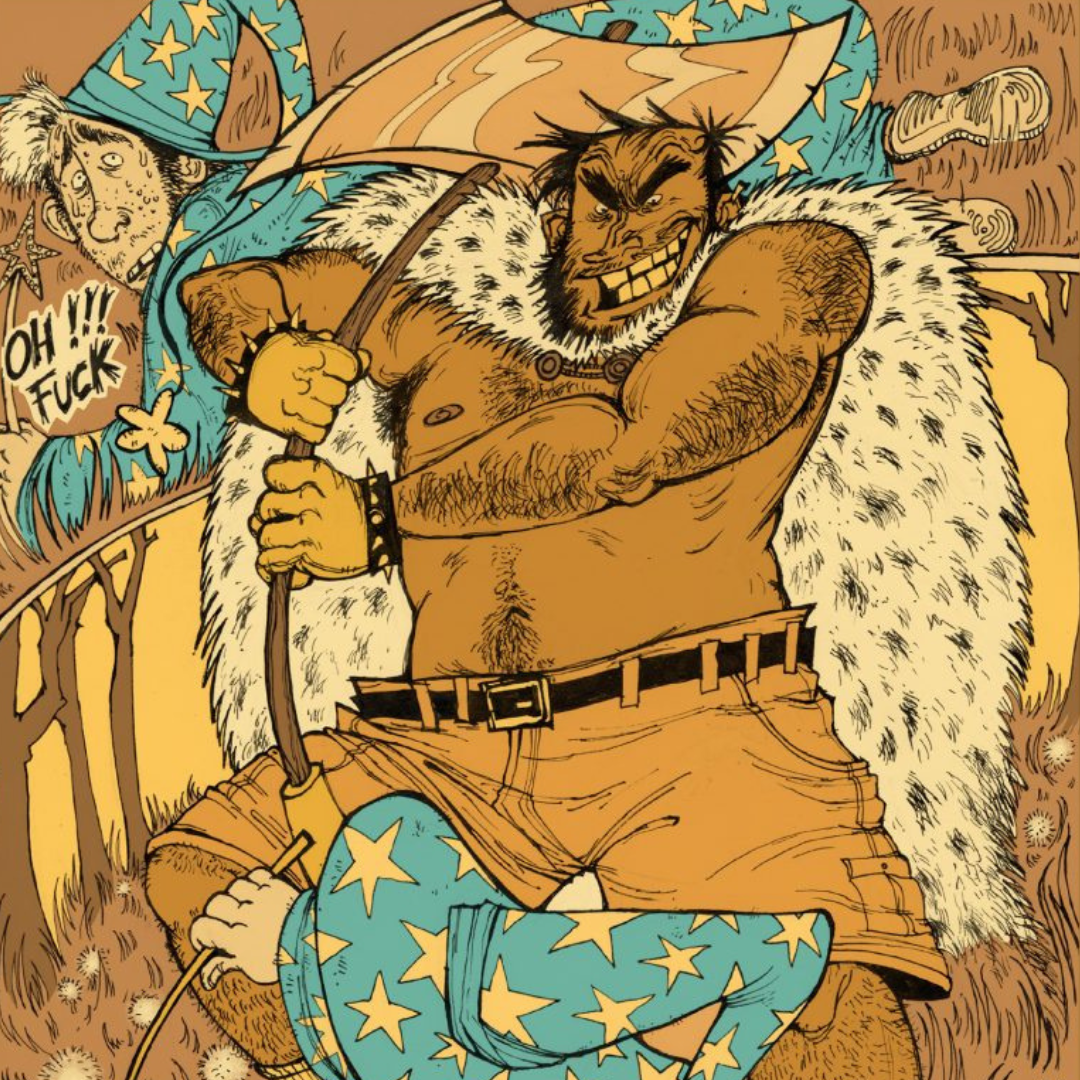 Illustrated scene of a muscular creature in a fur cloak confronting a fallen wizard in a starry robe.