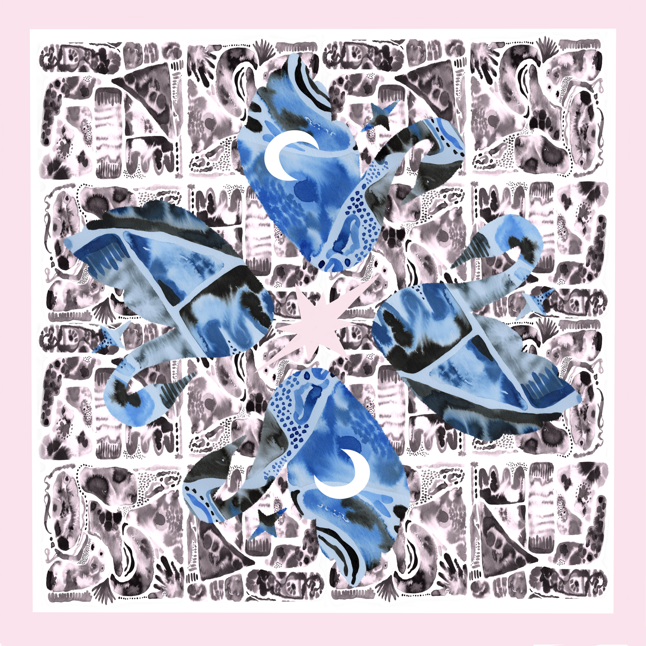Symmetrical textile design featuring blue swan motifs arranged around a central star over a patterned black-and-pink abstract background.