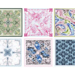 Six square textile designs featuring symmetrical and abstract motifs in pastel, blue, green, and pink color palettes.