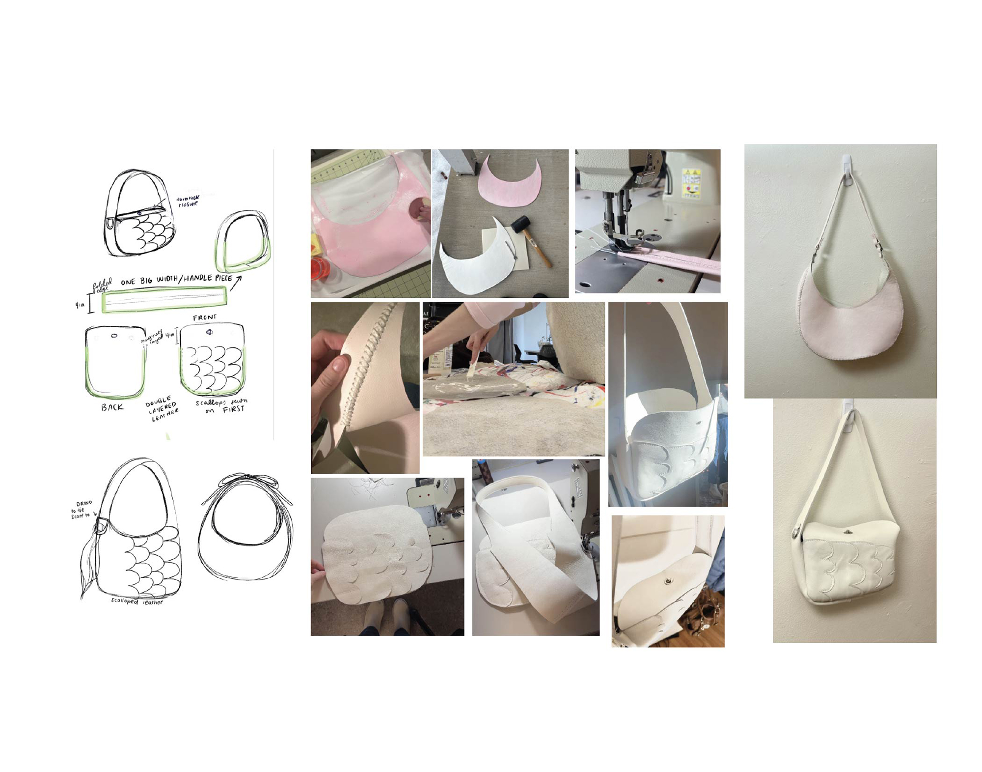 Sketches and process photos showing the design and construction of a small leather shoulder bag with scalloped detailing.