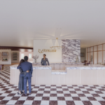 Spacious reception area featuring a large curved check-in desk with marble accents, black-and-white checkered flooring, lounge seating throughout the space, and decorative artwork displayed on the walls. A sign reading “L’Atelier” is mounted behind the reception desk.
