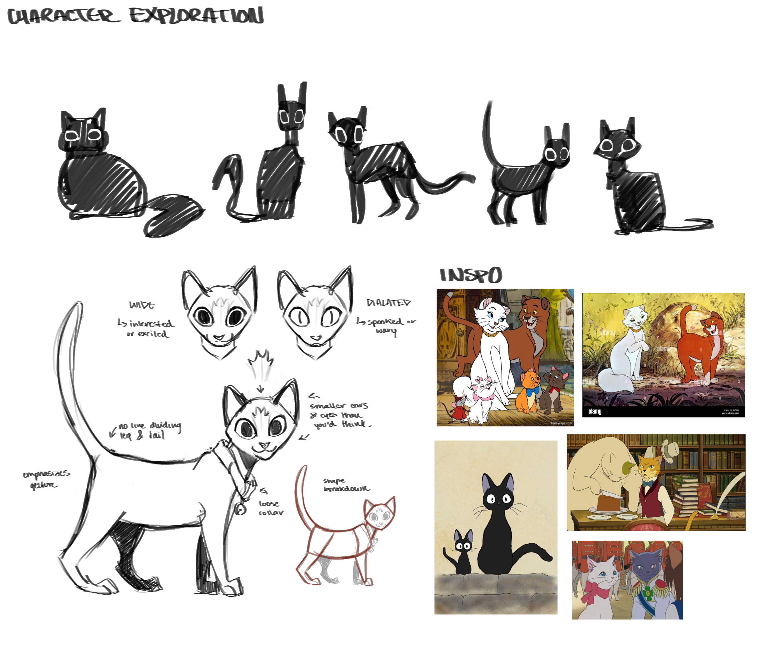 Character design sheet featuring sketches of a stylized black cat in various poses, facial expressions, and construction studies, alongside visual references.