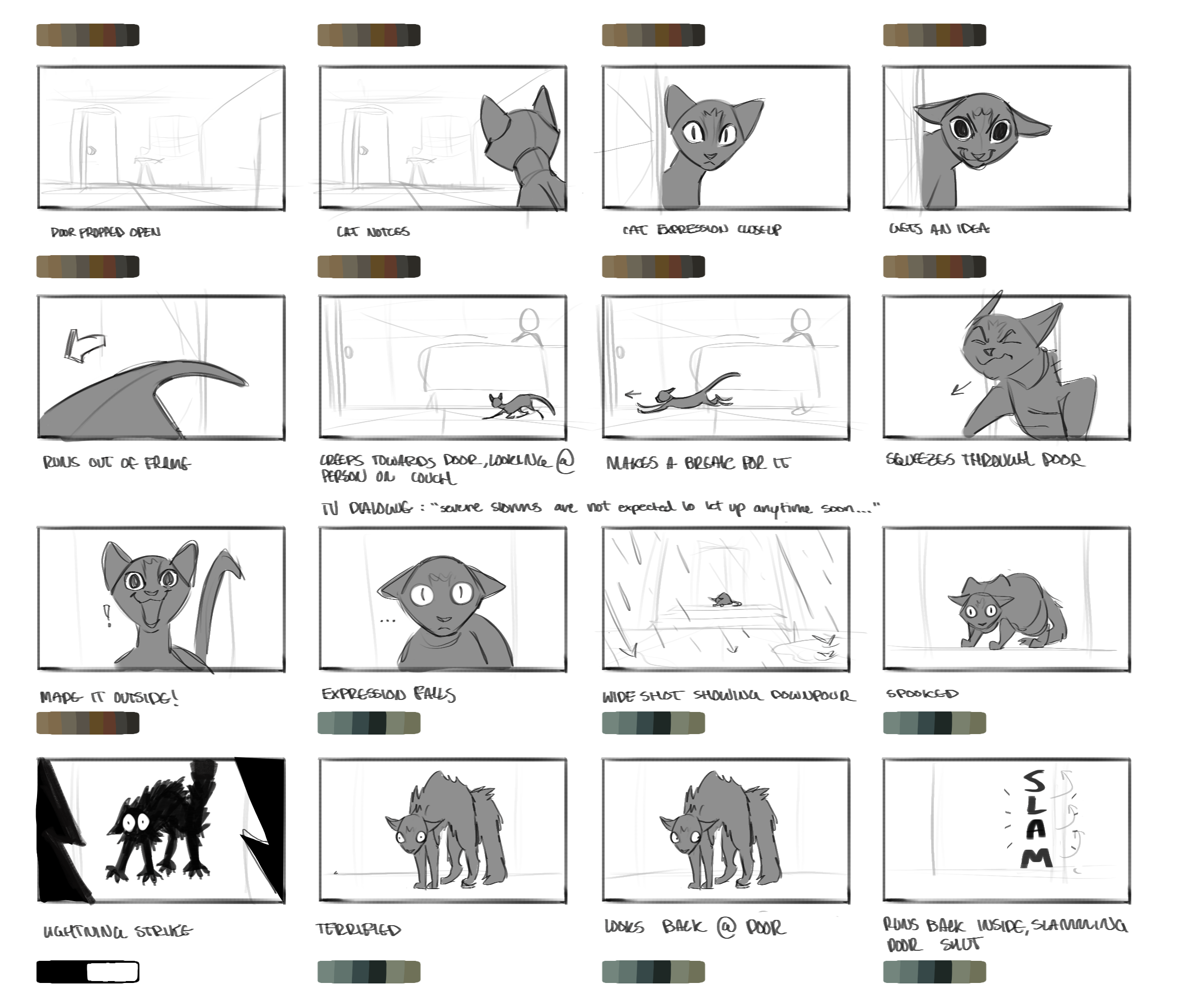 Storyboard page showing a sequence of sketches of a cartoon cat approaching a door, moving outside, and reacting to a rainstorm and lightning.