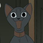 Stylized animated gray cat with a collar facing forward in front of a dark doorway, with Motion Commotion festival selection laurels displayed in the top left corner.