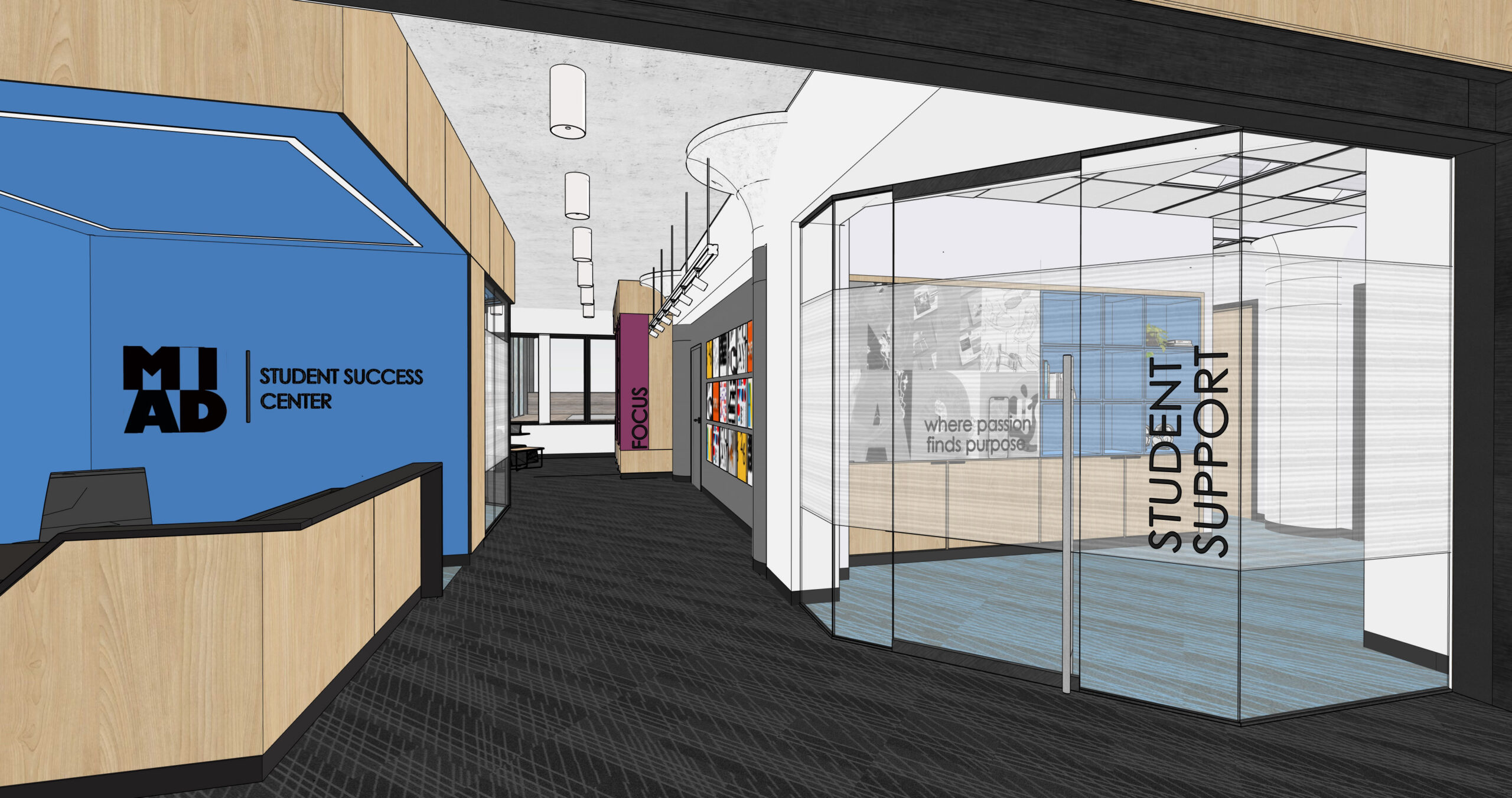 Architectural rendering of a student success center featuring a reception area, glass-walled support rooms, and collaborative workspace elements.