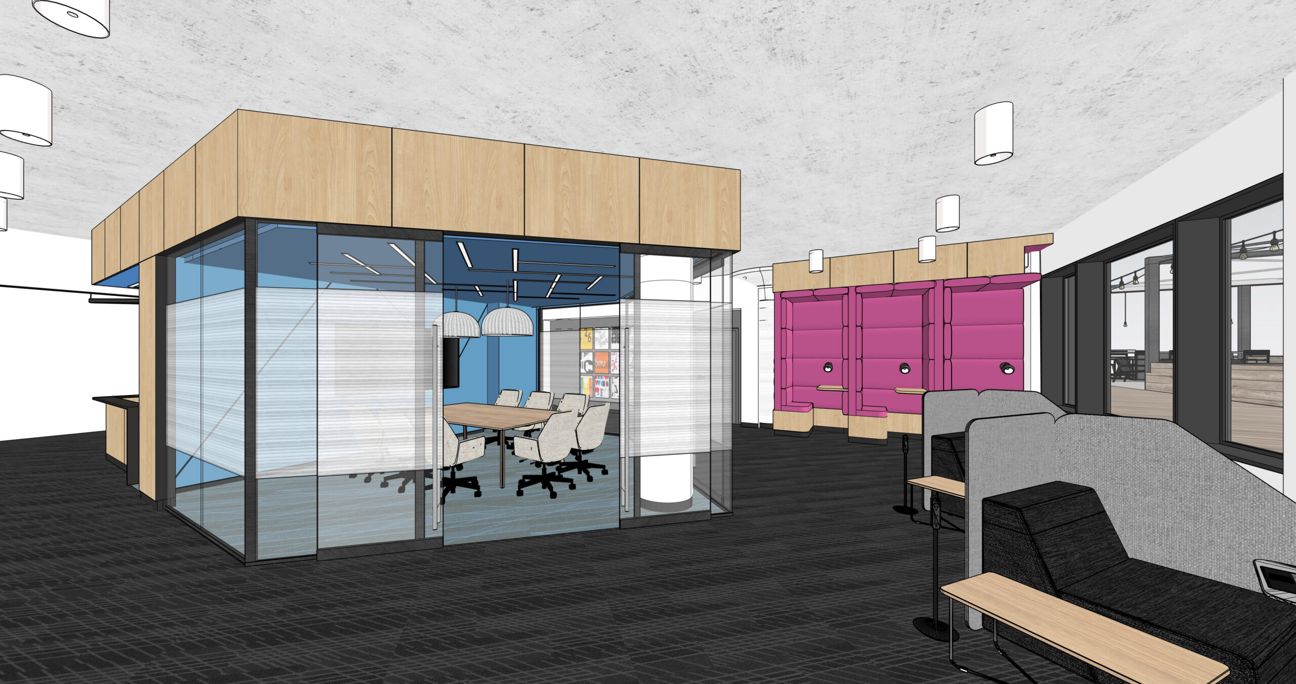 Architectural rendering of a student lounge featuring a glass-walled meeting room, upholstered seating, and brightly colored acoustic study booths.