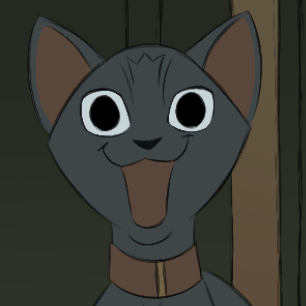 Stylized animated gray cat with a collar facing forward in front of a dark doorway.