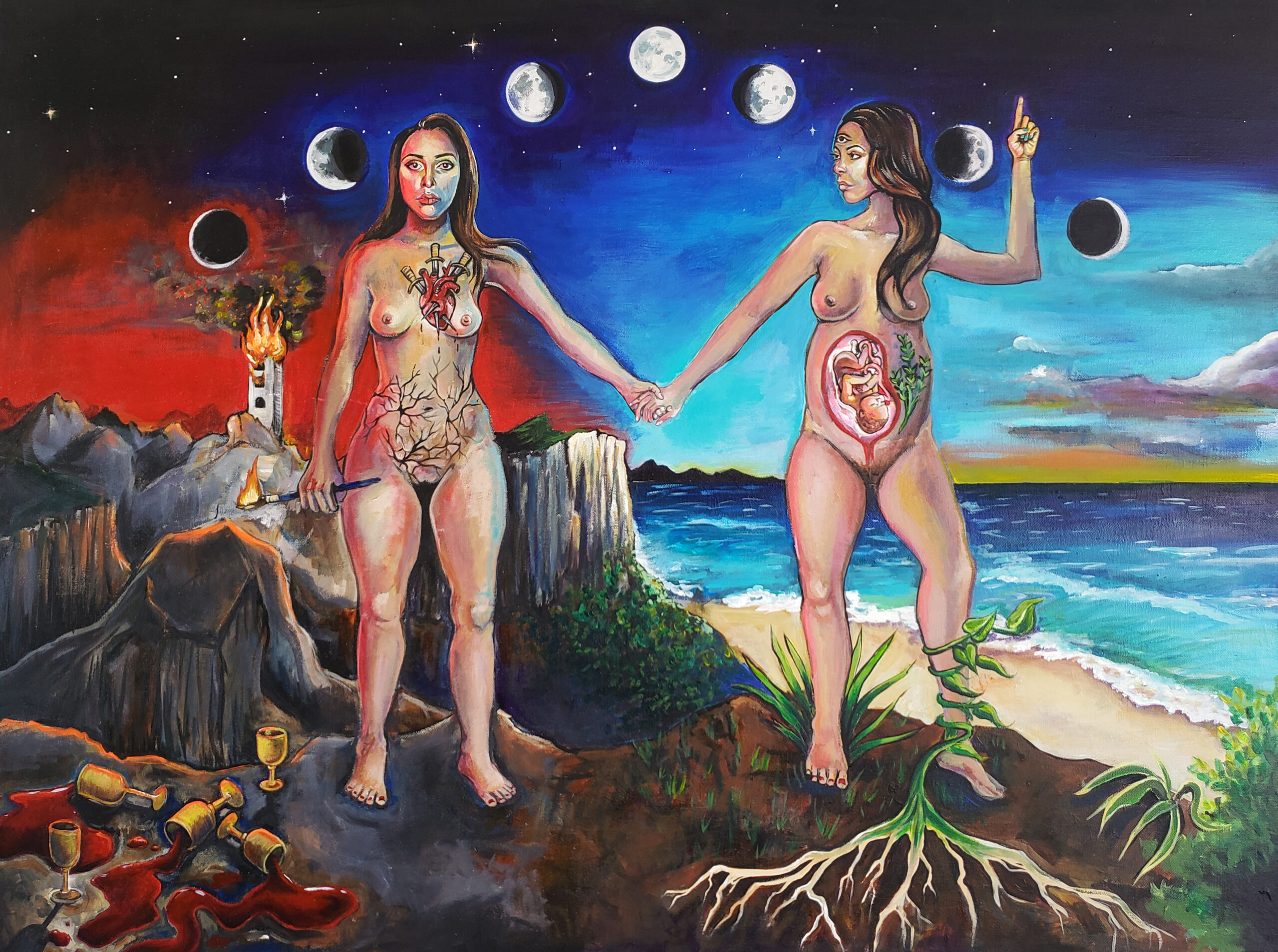 An oil painting depicting a surreal, split landscape featuring two nude women holding hands in the center. Above them, a row of eight moon phases arcs across a starry sky, transitioning from an eclipse on the far left to a full moon in the center and back to an eclipse on the far right.
