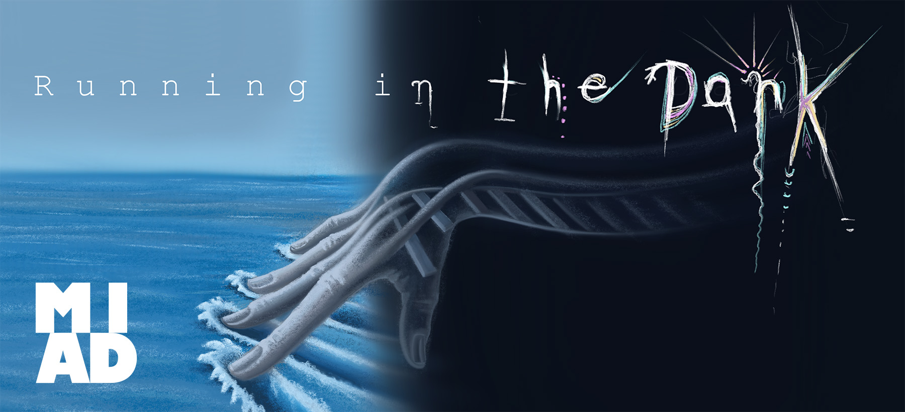 illustration of a gray surrealist-style hand dragging fingertips through the ocean and creating waves