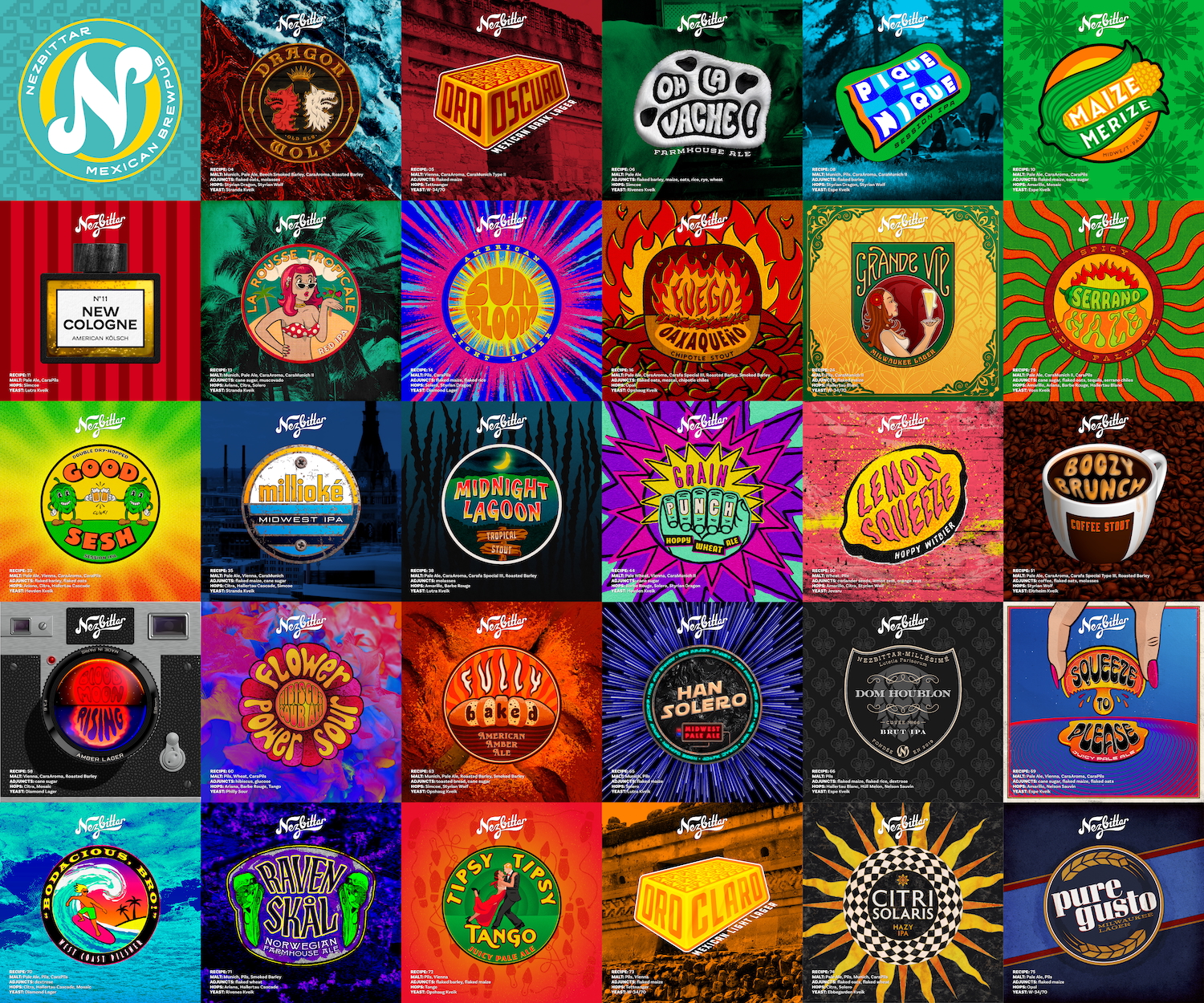 Grid of colorful beverage label designs featuring illustrated logos, typography, and artwork for a variety of beverages. Each square displays a unique design with different colors, themes, and branding elements.