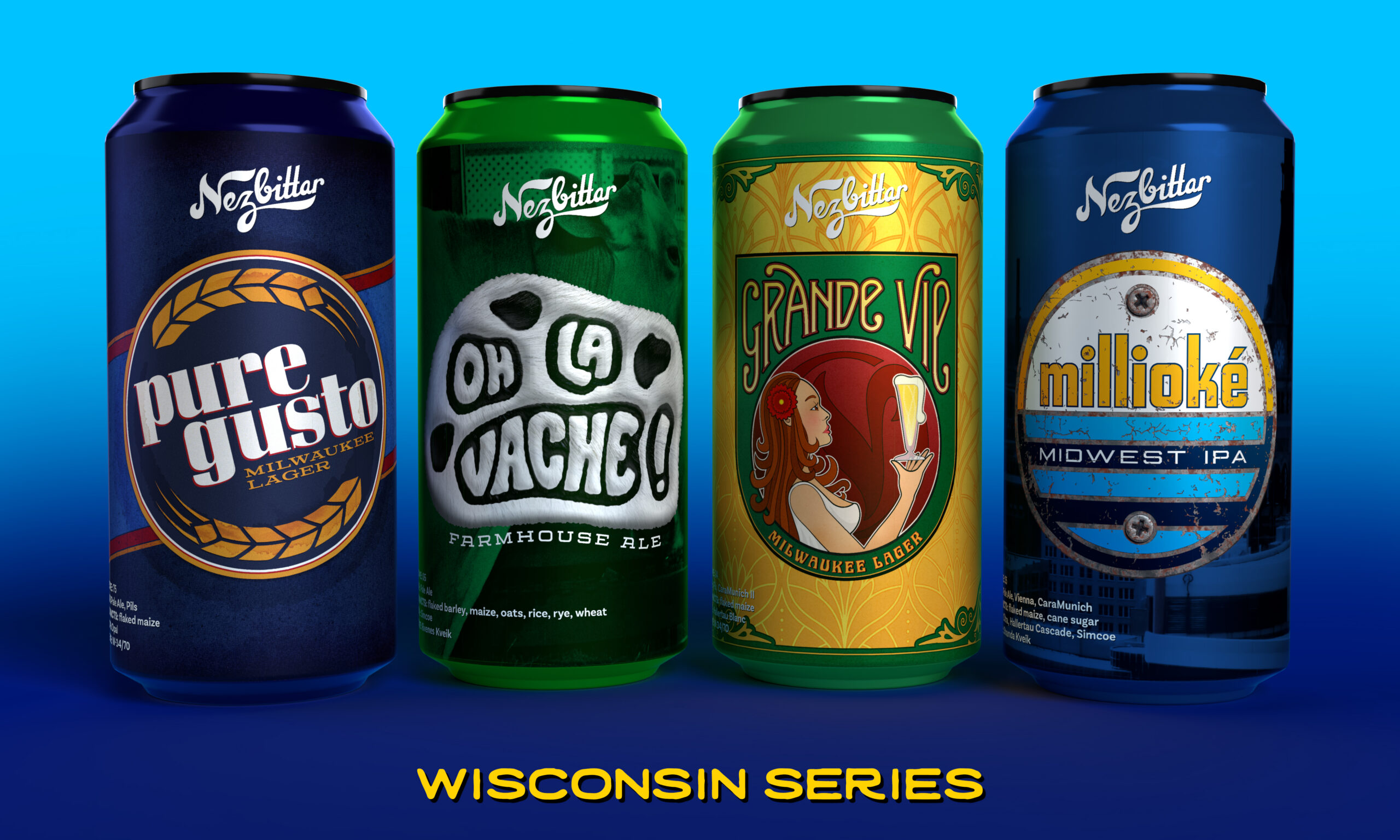 Promotional graphic featuring four Nezbittar beverage cans labeled Pure Gusto Milwaukee Lager, Oh La Vache Farmhouse Ale, Grande Vía Milwaukee Lager, and Millioké Midwest IPA. The cans are displayed against a blue background with the text “Wisconsin Series.”