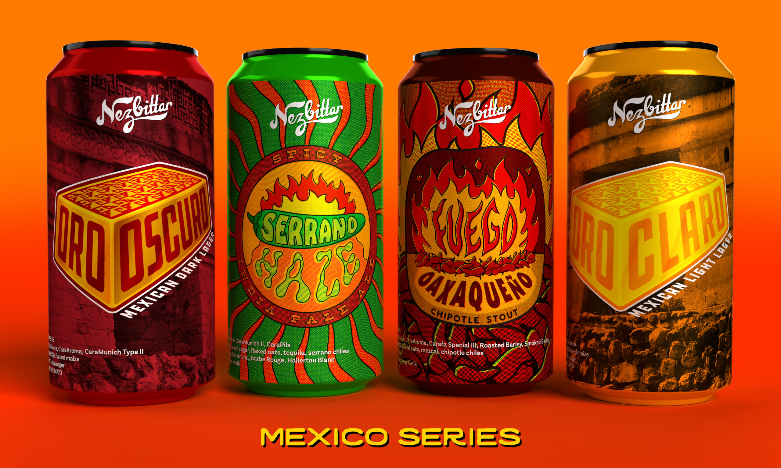 Promotional graphic featuring four Nezbittar beverage cans labeled Oro Oscuro Mexican Dark Lager, Serrano Hazy Pale Ale, Fuego Oaxaqueño Chipotle Stout, and Oro Claro Mexican Light Lager. The cans are displayed against an orange background with the text “Mexico Series.”