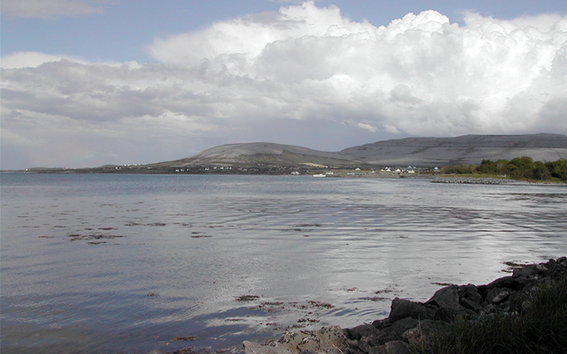 Coastal landscape with calm water in the foreground, rocky shoreline, and low hills in the distance beneath large, layered clouds.