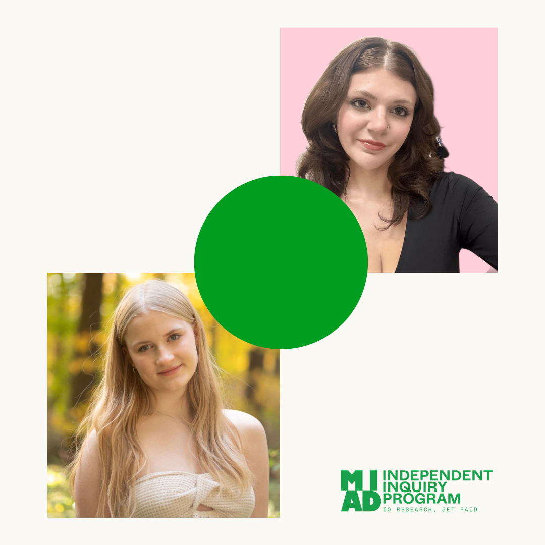 Two portrait photographs are displayed side by side in a graphic promoting MIAD's Independent Inquiry Program.